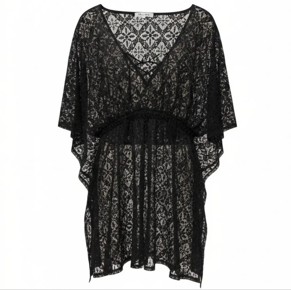 MIKEN SWIM | Black Crochet Lace Boho Tassels Beach Swim Kimono Cover-Up |‎ XL